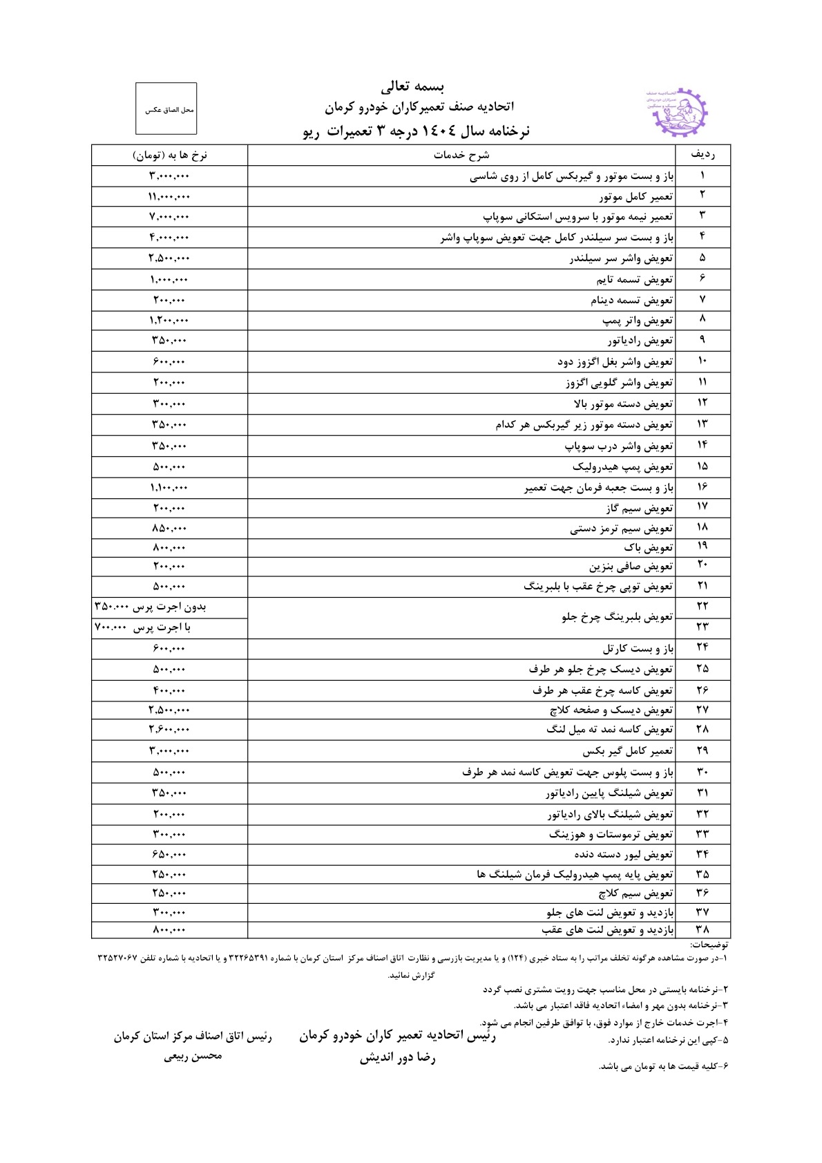  نرخنامه تعمیرات خودروی ریو