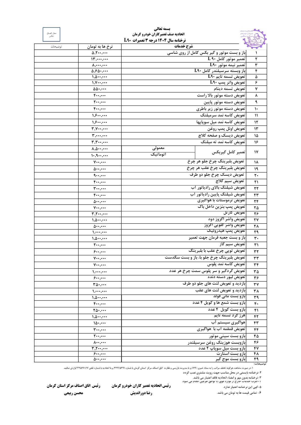 نرخنامه تعمیرات L90