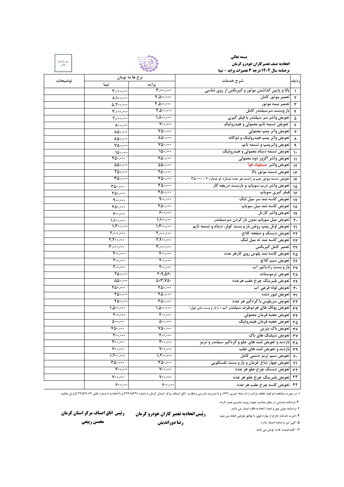  نرخنامه تعمیرات محصولات سایپا